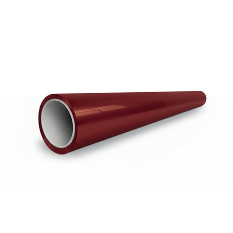 A shiny, hollow, cylindrical red pipe tapers slightly outward, gleaming with a Dragon Blood Red Liquid Metallic Glossy SelfRepair Nano-Coated PPF wrap on a reflective white surface.