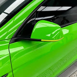 Close-up of a Lizard Green Glossy SelfRepair Nano-Coated PPF-covered car door and side mirror with a yellow accent line. The glossy surface reflects ceiling lights and a person.