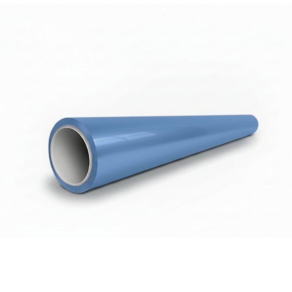 A Porcelain Blue Glossy SelfRepair Nano-Coated PPF tube, cone-shaped with a hollow interior, designed for optimal paint protection, is shown on a white surface with its wider end facing forward.