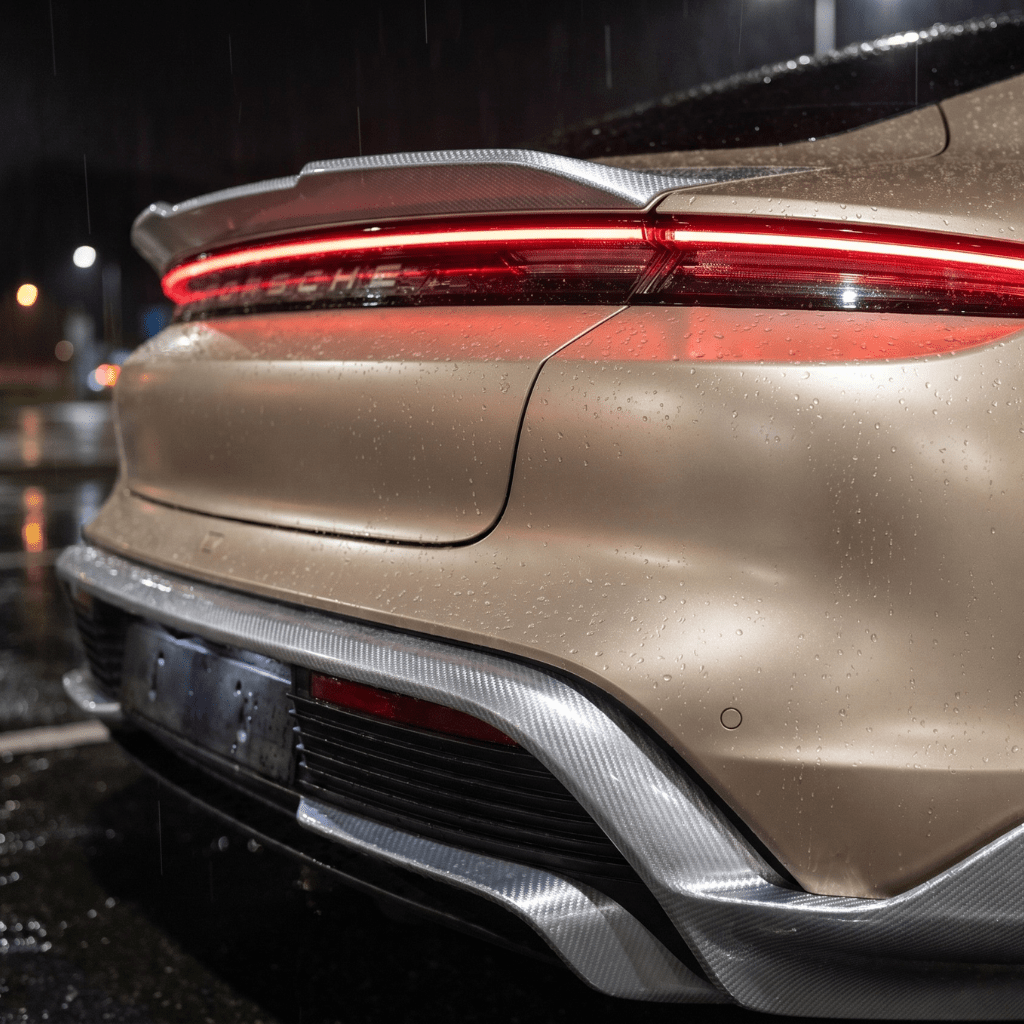 Close-up of a beige Porsche at night, its red tail lights glowing. Raindrops bead on the Liquid Metallic Aluminium Carbon Fiber Self-Healing Nano-Coated PPF, with a wet road and blurred city lights in the background.