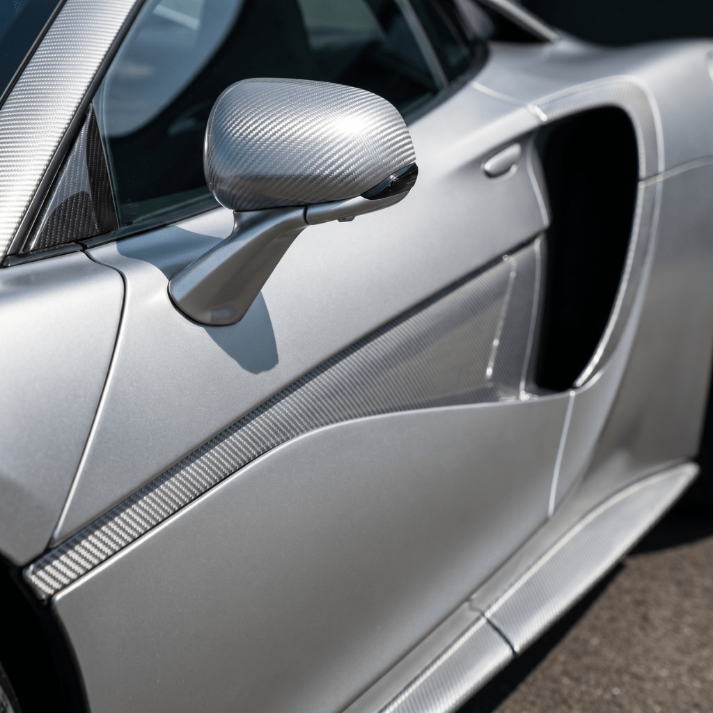 Close-up of a silver sports car’s driver’s side door, mirror, and air intake vent, featuring Liquid Metallic Aluminium Carbon Fiber Self-Healing Nano-Coated PPF for sleek protection and a smooth, reflective finish.