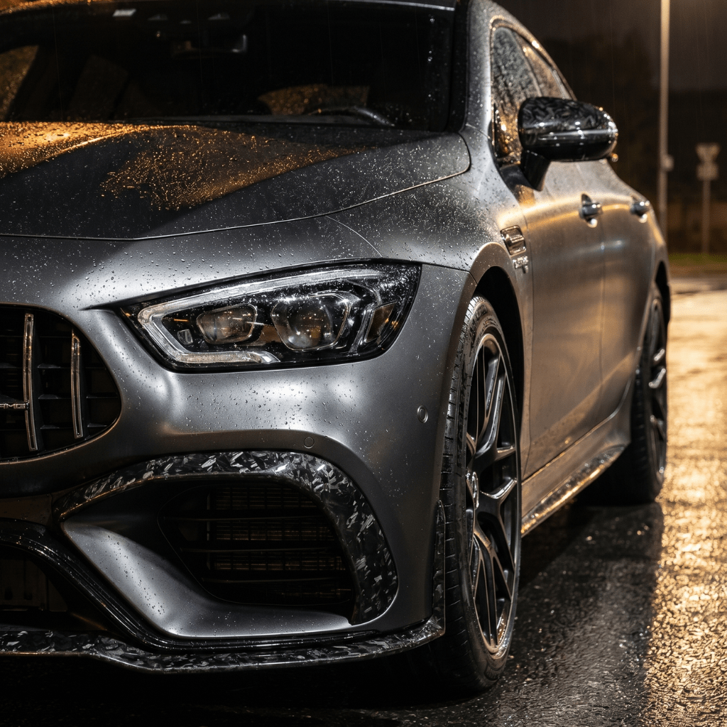 A close-up of a silver car at night, its hood and headlight glistening with raindrops under streetlights, protected by Forged Carbon Graphite Self-Healing Nano-Coated PPF for lasting shine.