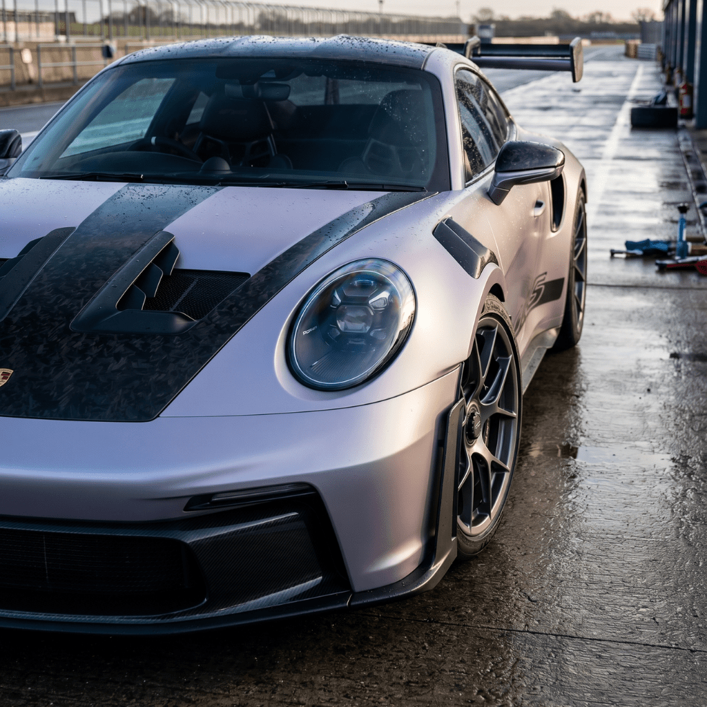 A high-performance sports car with a matte pink and black, carbon-inspired finish features Forged Carbon Graphite Self-Healing Nano-Coated PPF, aerodynamic vents, racing wheels, and a large rear wing on a wet racetrack.