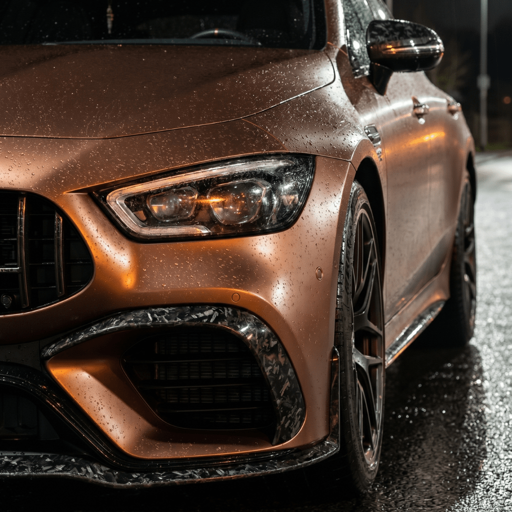 Close-up of the front left side of a metallic bronze sports car featuring Forged Carbon Graphite Self-Healing Nano-Coated PPF, covered in raindrops and parked on a wet street at night with streetlights reflecting off its sleek, protected surface.