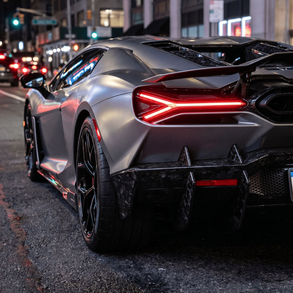 A sports car protected by Forged Carbon Graphite Self-Healing Nano-Coated PPF, featuring a matte gray carbon finish and glowing red taillights, is parked on a city street at night amid buildings and traffic lights.
