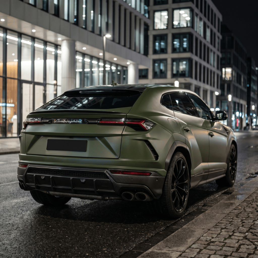 A Lamborghini SUV, finished in matte green and protected by Matte Carbon Fiber SelfRepair Nano-Coated PPF, is parked on a city street at night, modern glass buildings aglow behind it—showcasing stylish urban design and advanced protection.