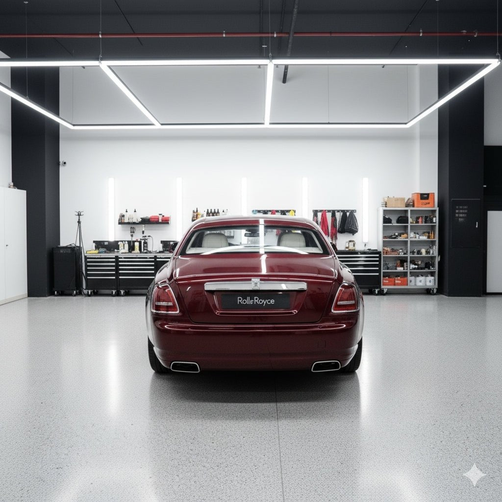 A burgundy Rolls-Royce, shielded by Diamond Black Rose Glossy SelfRepair Nano-Coated PPF, stands in a sleek, modern garage with tool cabinets and shelves, reflecting a premium, organized professional vibe.