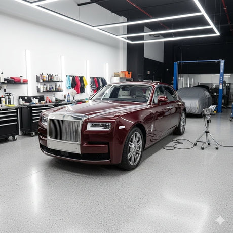 A shiny maroon Rolls-Royce sedan, shielded by Diamond Black Rose Glossy SelfRepair Nano-Coated PPF, is parked in a modern garage with bright lights, tools, and detailing supplies on the walls. Another car sits covered in the background.