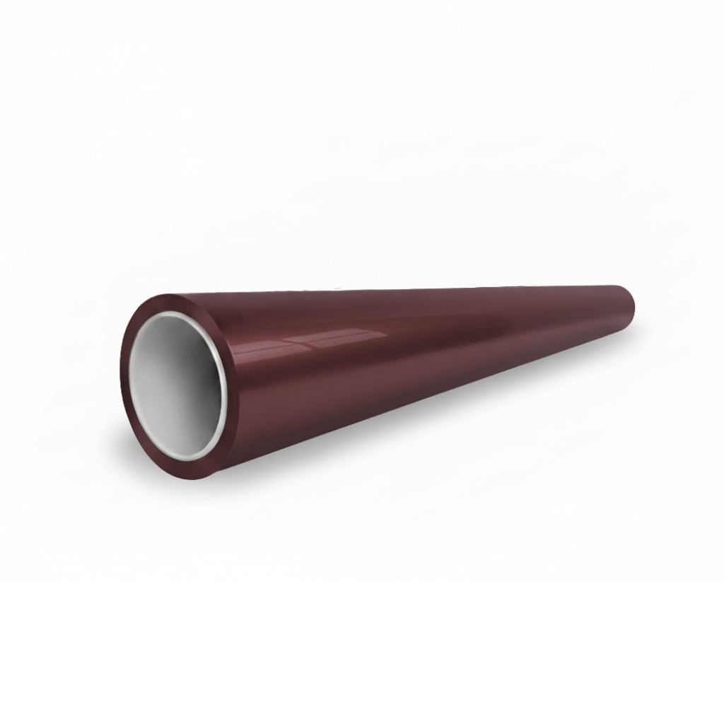 A long, tapered cylindrical pipe with a glossy dark red exterior and white interior, featuring the Diamond Black Rose Glossy SelfRepair Nano-Coated PPF, lies on a white background.