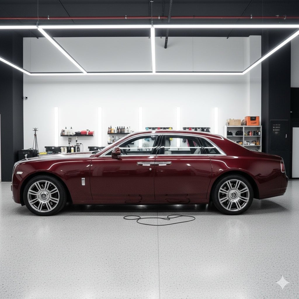 A maroon luxury sedan, safeguarded by Diamond Black Rose Glossy SelfRepair Nano-Coated PPF, sits in a modern garage with white walls, LED ceiling lights, and shelves filled with tools and supplies.