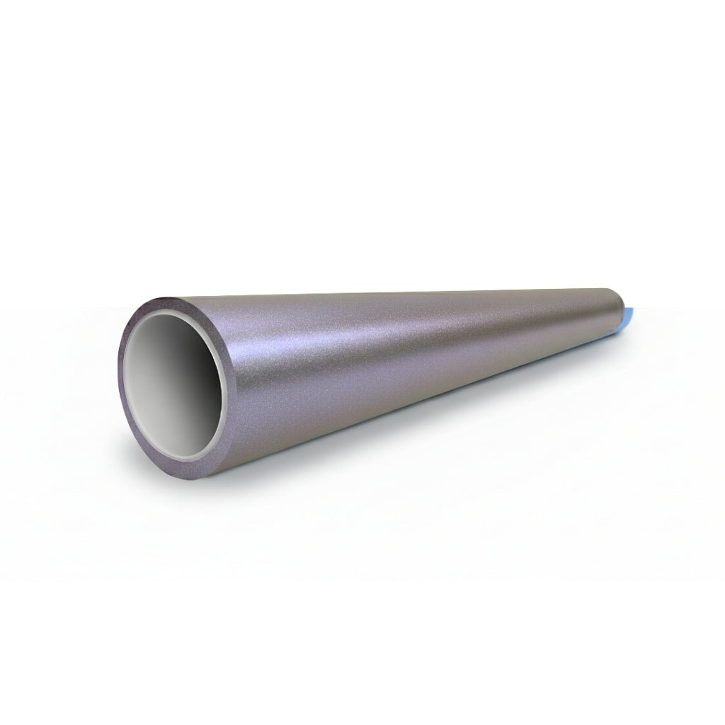A metallic, hollow cylindrical pipe featuring the Capri Gray Purple Matte SelfRepair Nano-Coated PPF finish lies diagonally on a white surface, with one open end toward the viewer and the other narrowing into the distance.