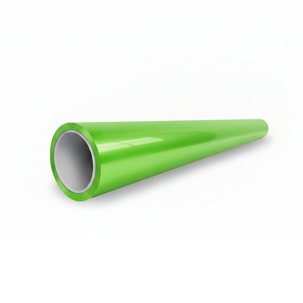 The Gold Green Charm SelfRepair Nano-Coated PPF is a shiny, green, hollow cylindrical tube with a smooth surface and luxusná farba, displayed diagonally on a white background.