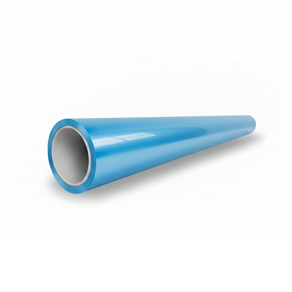 A shiny, blue, cylindrical pipe with a smooth surface lies on a white background. Its light gray inner lining resembles the pristine finish delivered by Sky Blue Charm SelfRepair Nano-Coated PPF for advanced car body protection.