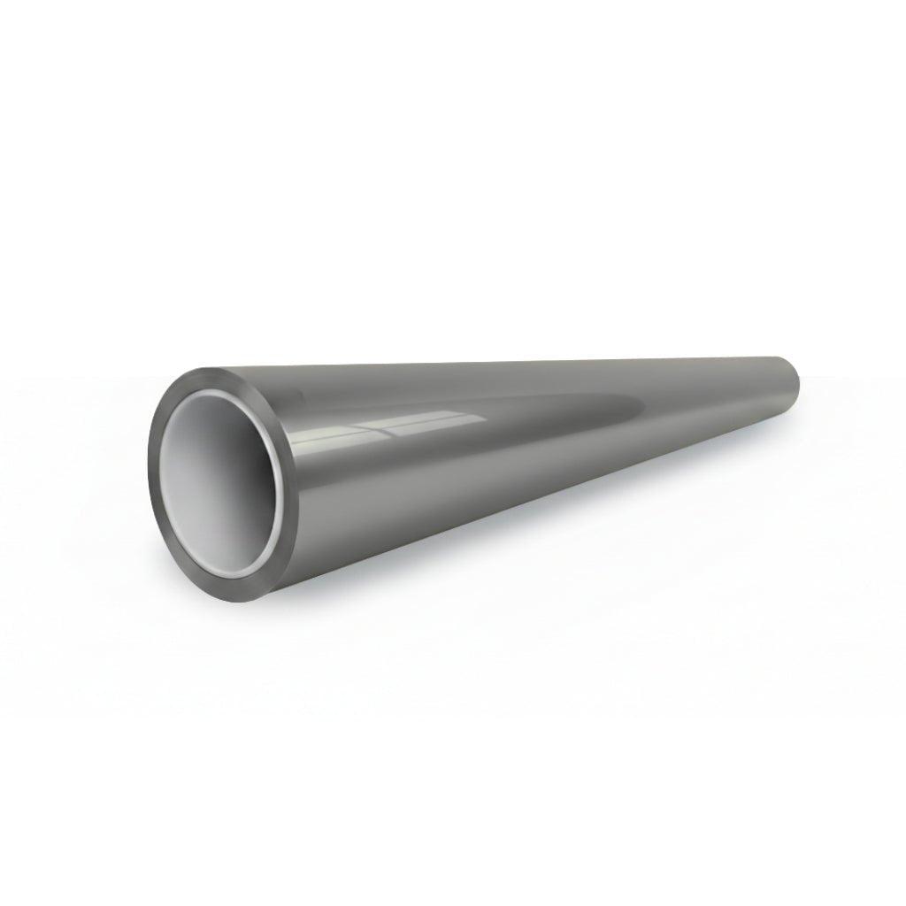 A shiny, metallic cylindrical pipe with an open end lies on a white background, featuring Chrome Black Liquid Metallic Glossy SelfRepair Nano-Coated PPF for superior protection and a stylish, glossy finish.
