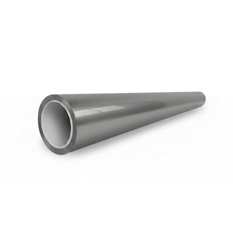 A shiny, metallic cylindrical pipe with an open end lies on a white background, featuring Chrome Black Liquid Metallic Glossy SelfRepair Nano-Coated PPF for superior protection and a stylish, glossy finish.