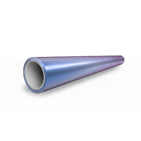 A Gray to Purple Charm Glossy SelfRepair Nano-Coated PPF lies on a white background, its metallic, gradient color shifts from gray to purple, with the wider open end facing the viewer and the narrower end extending away.