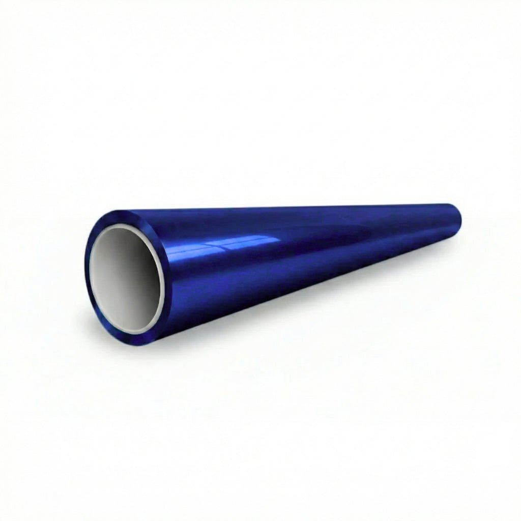 A cylindrical tube with a hollow interior, coated in Diamond Gentian Blue Glossy SelfRepair Nano-Coated PPF, lies diagonally on a white background.