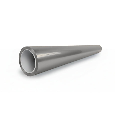 A 3D-rendered image shows a shiny, metallic, hollow cylindrical pipe coated with Gray Liquid Metallic Glossy SelfRepair Nano-Coated PPF, with a wide front opening narrowing to the back, displayed on a white surface.
