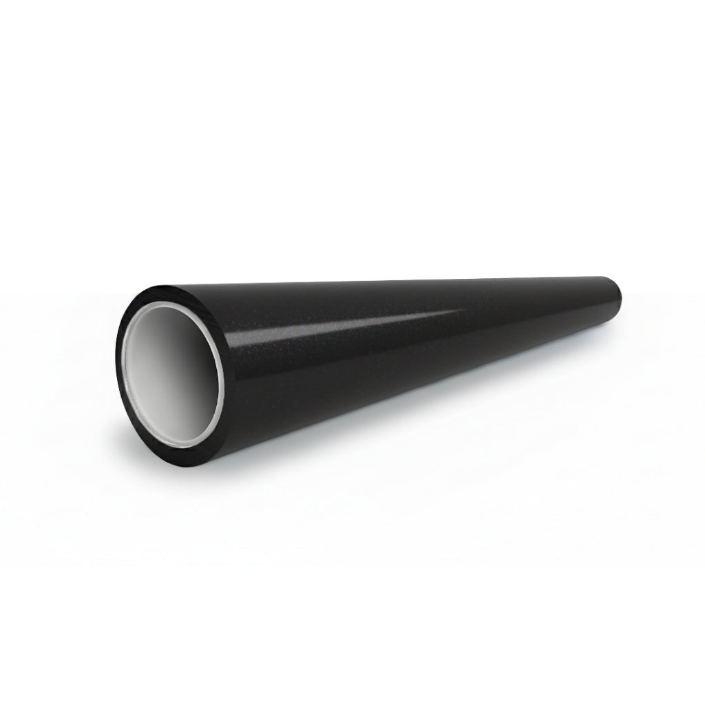 A black, cylindrical pipe with a smooth, glossy finish is shown lying horizontally on a white background. Its hollow end reveals a gray inner lining—resembling the Black Galaxy Glossy SelfRepair Nano-Coated PPF.