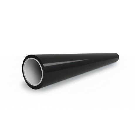 A black, cylindrical pipe with a smooth, glossy finish is shown lying horizontally on a white background. Its hollow end reveals a gray inner lining—resembling the Black Galaxy Glossy SelfRepair Nano-Coated PPF.