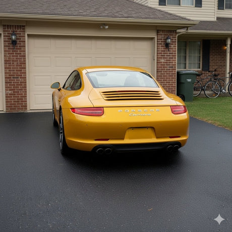 A yellow Porsche Carrera wrapped in Diamond Maple Yellow Glossy SelfRepair Nano-Coated PPF is parked on a black driveway before a beige garage door, outside a brick suburban house with nearby bikes and trash bins.