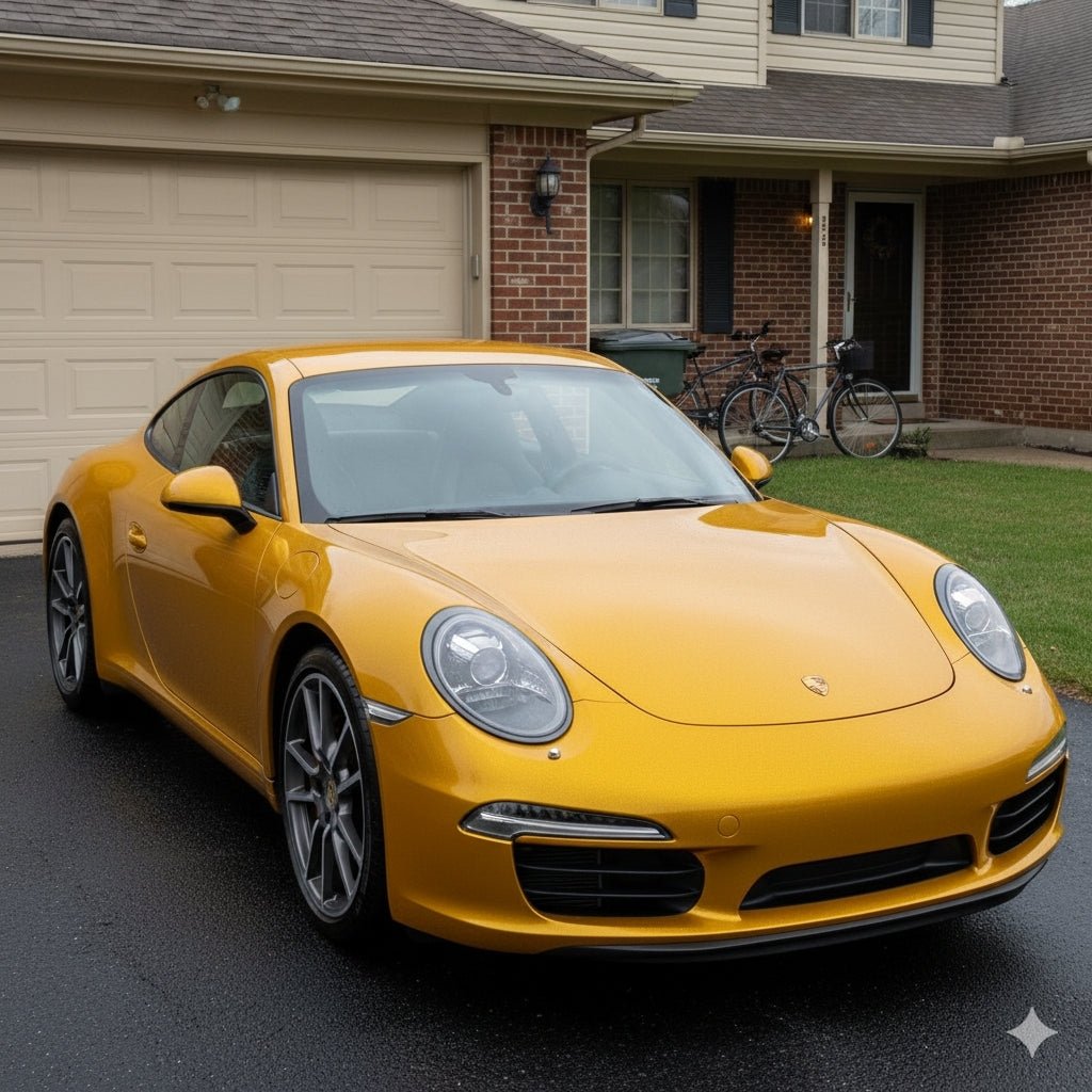 A yellow Porsche, wrapped in Diamond Maple Yellow Glossy SelfRepair Nano-Coated PPF, gleams on a wet driveway before a suburban house with a garage and two bikes near the porch after rain.