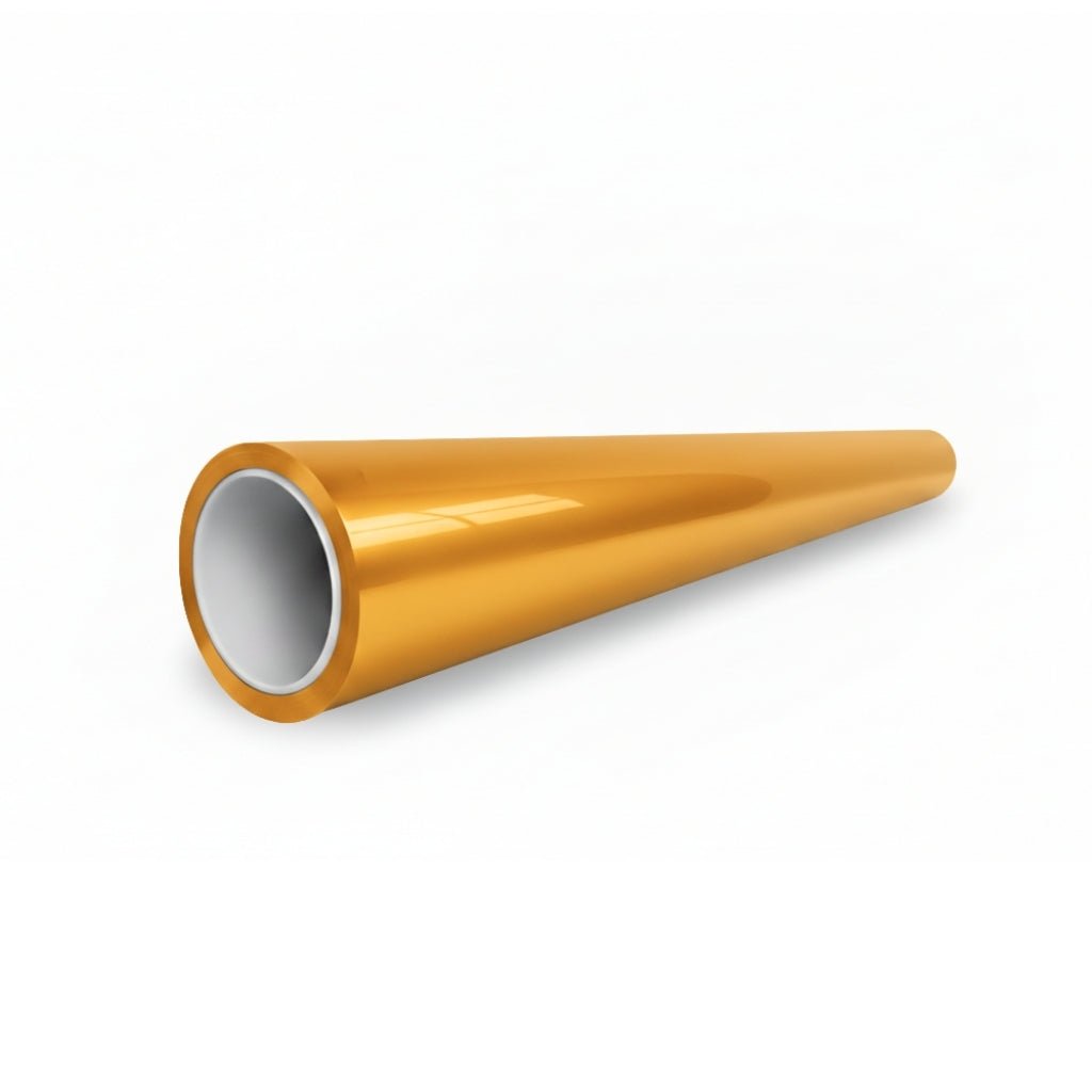 A shiny, gold-colored cylindrical tube with a white inner lining, shown on a white surface and tapering at one end, features the Diamond Maple Yellow Glossy SelfRepair Nano-Coated PPF for advanced protection.