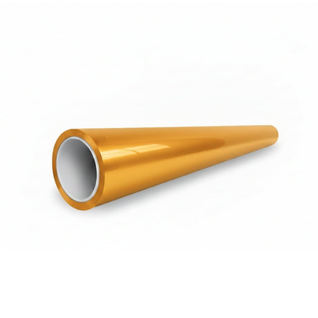 A shiny, gold-colored cylindrical tube with a white inner lining, shown on a white surface and tapering at one end, features the Diamond Maple Yellow Glossy SelfRepair Nano-Coated PPF for advanced protection.