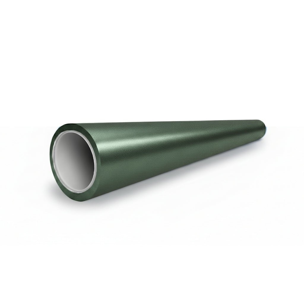 A long, green, cone-shaped tube with a smooth surface lies on a white background. The Dark Green Matte SelfRepair Nano-Coated PPF provides a sleek finish as the tube widens at the front and narrows toward the back.