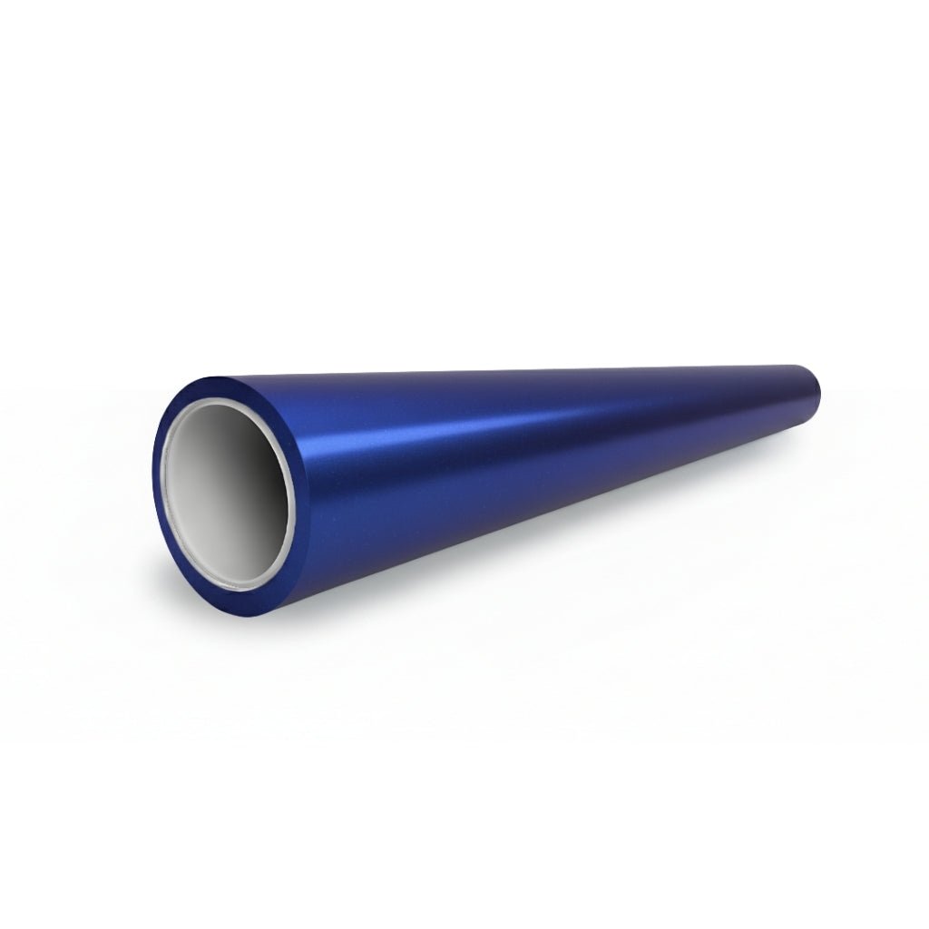 A shiny, cylindrical blue metallic tube wrapped in Diamond Blue Matte SelfRepair Nano-Coated PPF lies horizontally on a white background, with its opening facing the viewer and the far end receding into the distance.