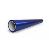 A shiny, cylindrical blue metallic tube wrapped in Diamond Blue Matte SelfRepair Nano-Coated PPF lies horizontally on a white background, with its opening facing the viewer and the far end receding into the distance.
