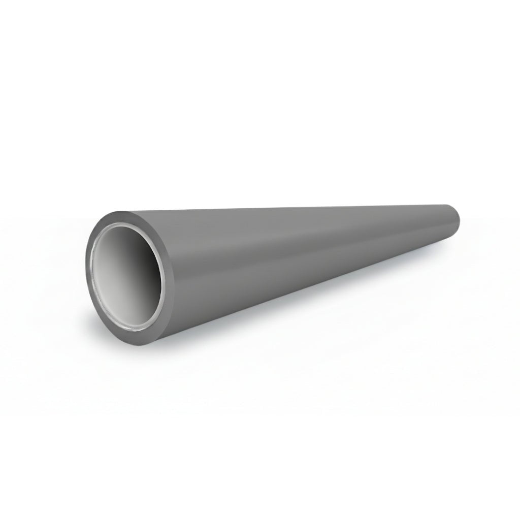 A tapered gray cylindrical pipe with a Porsche Gray Matte SelfRepair Nano-Coated PPF finish lies horizontally on a white background, with one open end gradually narrowing to the closed far end.