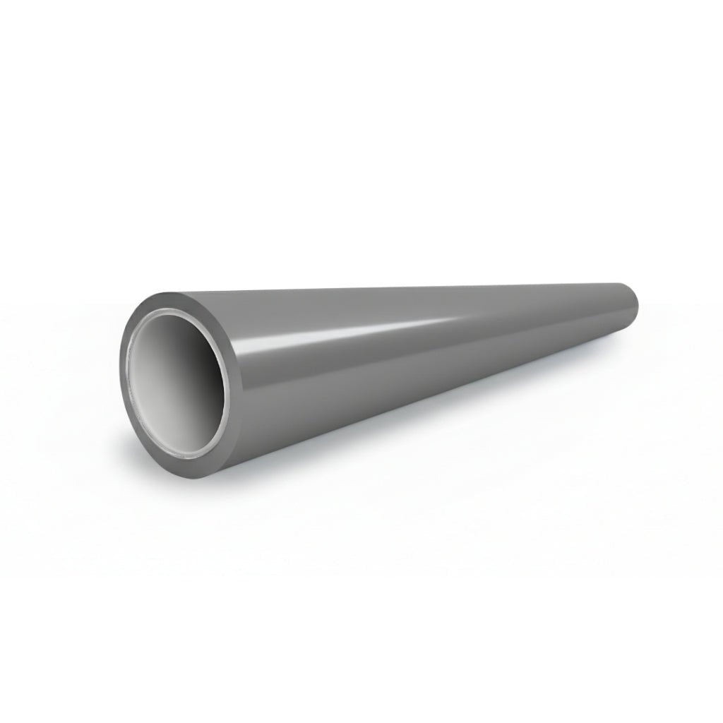 A 3D rendering of a gray, hollow, tapered cylindrical pipe with a Nardo Gray Matte SelfRepair Nano-Coated PPF finish, showing a wider opening in front and a narrower end extending back on a white surface.