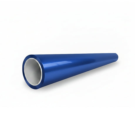 A shiny, metallic blue cone-shaped tube with a white inner lining rests on a white background, resembling Mystic Blue Glossy SelfRepair Nano-Coated PPF for vehicle paint protection.