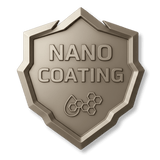 A metallic shield-shaped badge with the words NANO COATING engraved on it, featuring an icon of a droplet and hexagonal chemical structure near the bottom.