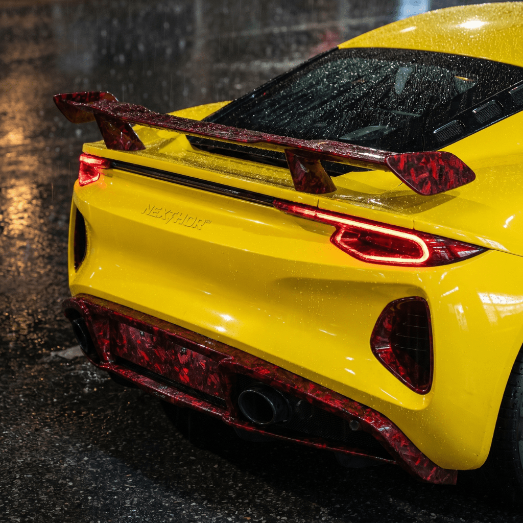 A yellow sports car with Red Forged Carbon Graphite Self-Healing Nano-Coated PPF is parked on a wet street at night, rain droplets sparkling on its surface, and red accents highlighting the rear spoiler and bumper.