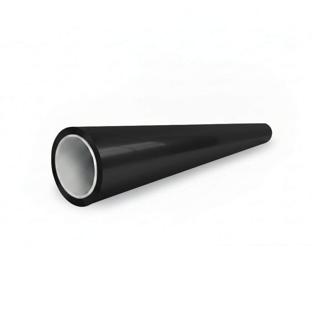 A Shell Black Glossy SelfRepair Nano-Coated PPF, cylindrical and hollow with a wider opening in the foreground and narrowing towards the background, is displayed on a white surface.