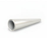 A metallic, silver-colored, hollow cylindrical cone lies on a white surface, its sleek finish resembling that of Shell White Glossy SelfRepair Nano-Coated PPF, tapering from a wide front opening to a narrow point at the back.