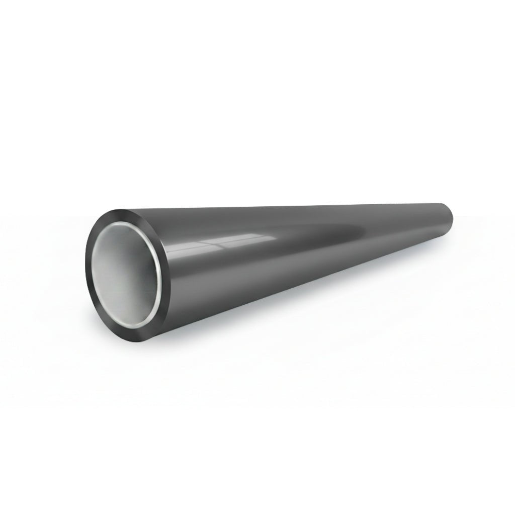 A Silver Liquid Metallic Matte SelfRepair Nano-Coated PPF, cylindrical and hollow with a reflective finish, lies on a white background at an angle, its open end facing the viewer.