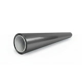 A Silver Liquid Metallic Matte SelfRepair Nano-Coated PPF, cylindrical and hollow with a reflective finish, lies on a white background at an angle, its open end facing the viewer.