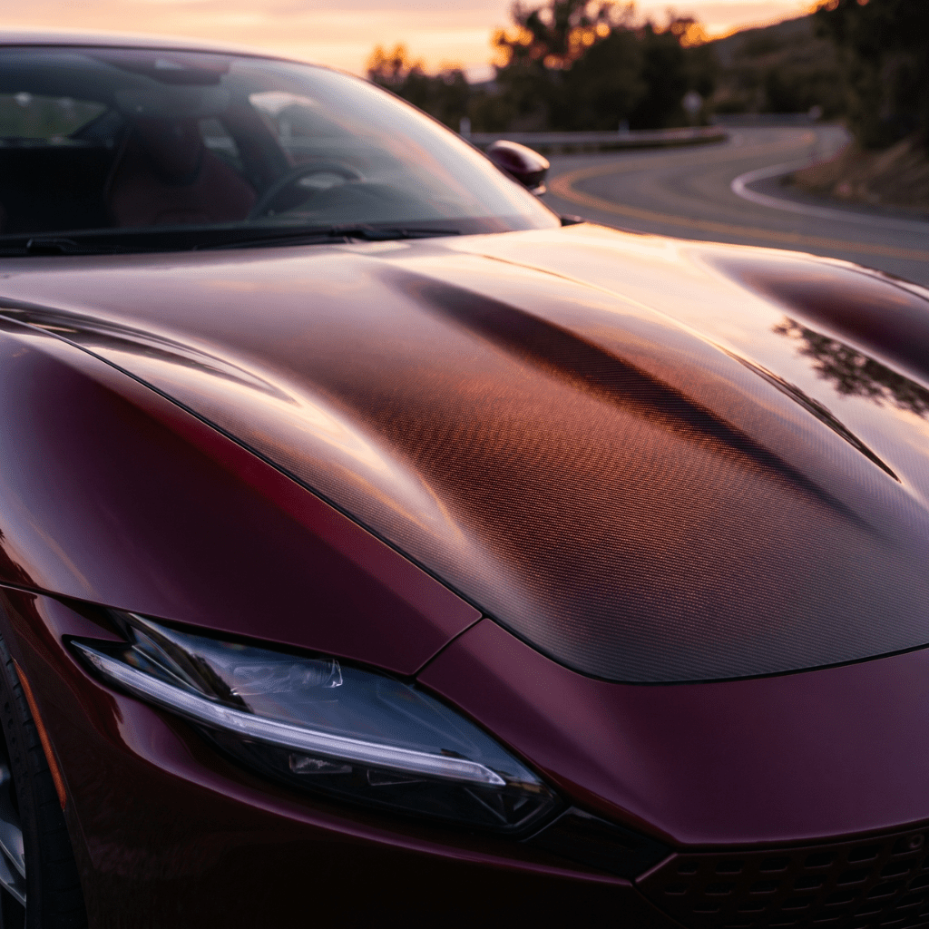 A close-up of a sleek red sports car’s shiny hood, protected by Transparent Carbon Fiber Self-Healing Nano-Coated PPF, reflects the sunset and trees as it sits near a winding road.
