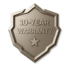 A gold shield-shaped badge displays 10-YEAR WARRANTY in bold letters with a star symbol beneath the text on a white background.
