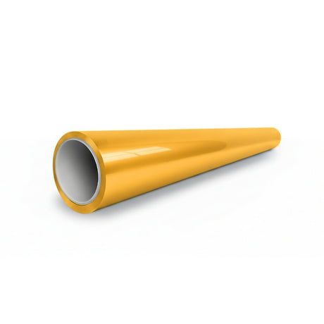 A shiny yellow vuvuzela, wrapped in Racing Yellow Glossy SelfRepair Nano-Coated PPF, rests on a white surface with its wide opening forward and narrow end trailing back.