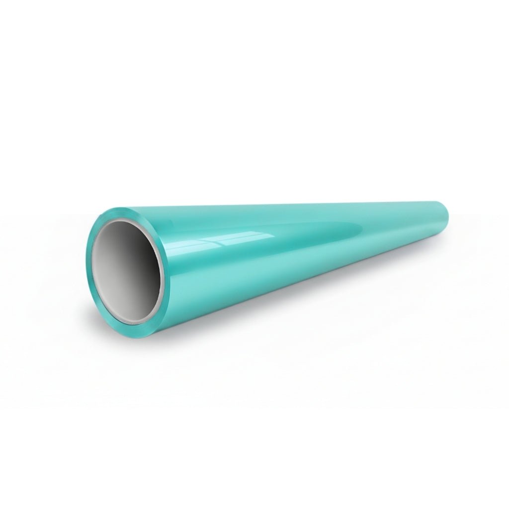 A shiny, turquoise cylindrical pipe with a hollow center is shown against a white background, positioned diagonally with the opening facing the viewer, resembling Tiffany Blue Glossy SelfRepair Nano-Coated PPF used for vehicle paint protection.