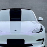 A white Tesla with a black racing stripe, protected by White Diamond Purple Glossy SelfRepair Nano-Coated PPF, is parked in front of a plain concrete wall.