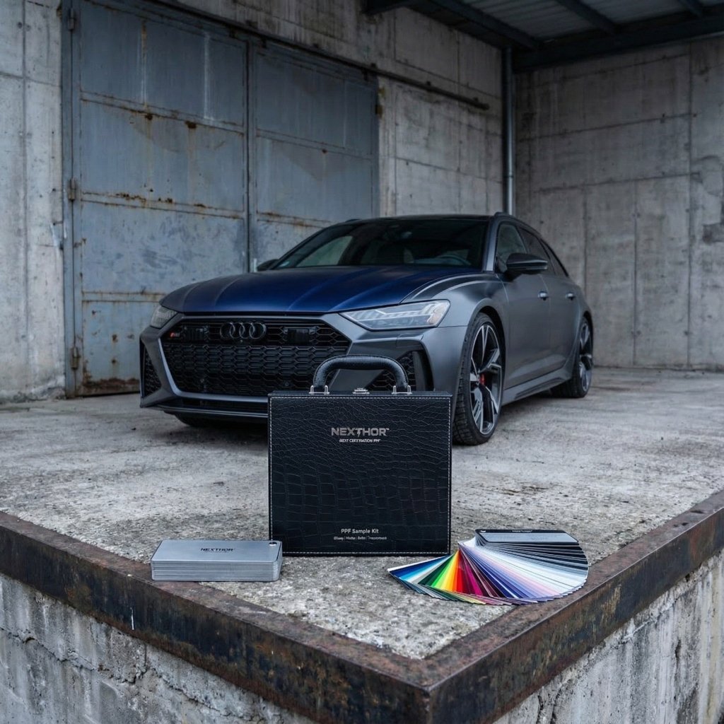 A dark gray Audi sports car is parked on a concrete platform in front of industrial metal doors. A Nexthor PPF Sample Kit (All Colors), color fan decks, and a small metal box are displayed in the foreground.