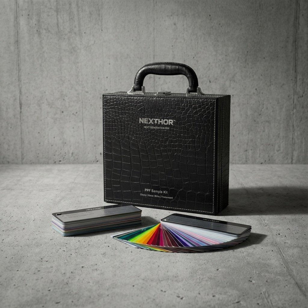 A Nexthor PPF Sample Kit (All Colors) in a textured black case sits on a gray surface, with two fan-shaped color sample booklets displaying a variety of colors spread out in front.