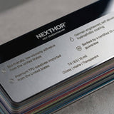A close-up of the Nexthor PPF Sample Kit (All Colors) card shows eco-friendly adhesive, premium TPU base, hydrophobic coating, a 10-year guarantee, and a range of color samples displayed beneath the card.