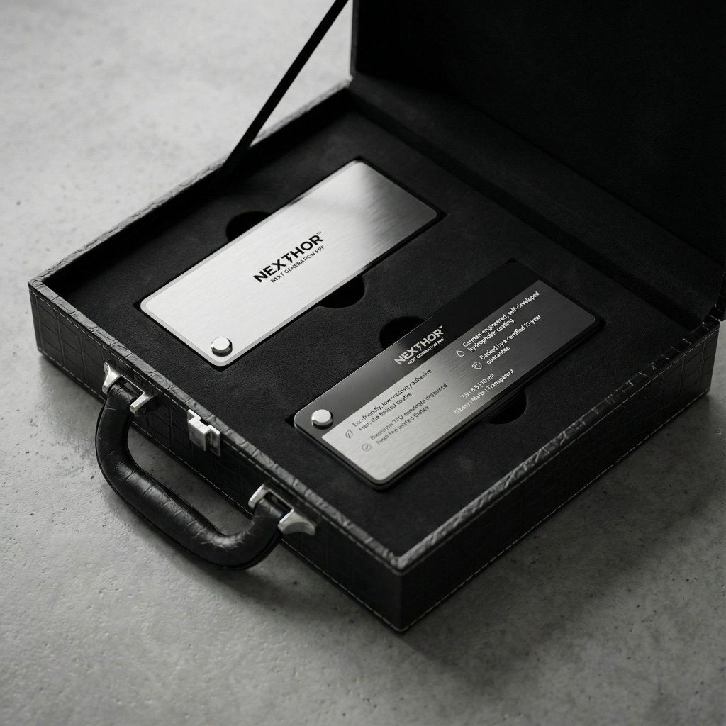 The Nexthor PPF Sample Kit (All Colors) features a black leather case with a metal plate and a rectangular device labeled NEXTHOR, both secured in custom foam cutouts on a gray concrete surface.