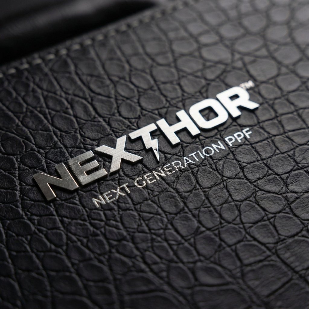 Close-up of the black, textured leather surface from the Nexthor PPF Sample Kit (All Colors) featuring a metallic NEXTHOR™ logo above “NEXT GENERATION PPF” in white text.